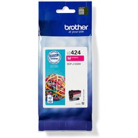 Brother LC-424M magenta ink cartridge in blue packaging with colorful rubber band design.
