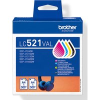 Brother LC-521VAL ink cartridge multi pack with black, cyan, magenta, yellow for 500 pages each, in blue box.
