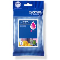 Brother LC-527M magenta ink cartridge in blue packaging, 900 pages, ISO certified, with colorful graphic design.