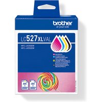 Brother LC-527XLVAL ink cartridge multi pack, blue box with colorful droplet icons and lollipop graphic.