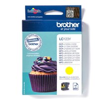 Brother LC123Y yellow ink cartridge in blue box with cupcake image and compatibility list.