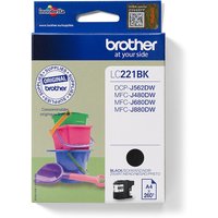 Brother LC221BK original black ink cartridge in blue and white box with colorful bucket image.