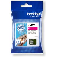 Brother LC421M magenta ink cartridge in blue packaging with white label and product details.
