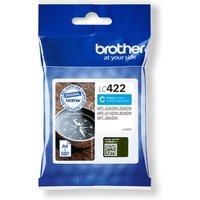 Brother LC422C Original Cyan ink cartridge in blue and white packaging with product details and Brother logo.