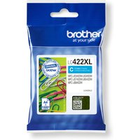 Brother LC422XLC Original Cyan ink cartridge in blue packaging with colorful paperclips design.