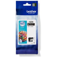 Brother LC424BK black ink cartridge in blue and white packaging with colorful rubber band image.