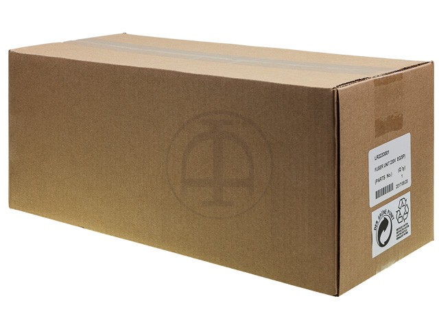 Brown cardboard box containing the Brother LR2233001 Fuser Kit 230V, labeled for HL-3140 CW/-3150 CDN, with a white shipping label and recycling symbols.
