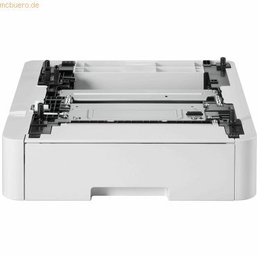 White optional 250-sheet lower paper tray for Brother printers, featuring a sturdy plastic design with adjustable paper guides and a sleek, flat profile for easy integration.