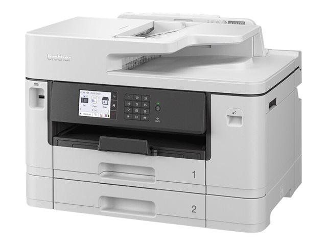 Wireless multifunction A3 inkjet printer in white, featuring a control panel with a display, two paper trays, and a flatbed scanner on top.