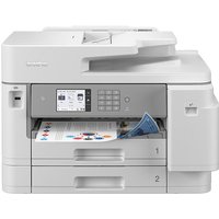 White Brother MFC-J5955DW inkjet printer with LCD screen, keypad, and dual paper trays, printing colorful document.