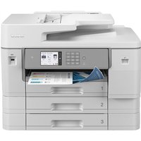 White Brother MFC-J6957DW inkjet printer with touchscreen, Wi-Fi, and three paper trays, printing a color document.