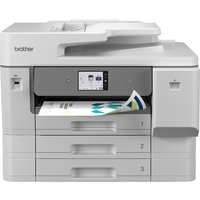 Brother MFC-J6977DW multifunction printer, white with touchscreen, A3 size, three paper trays, and output slot.