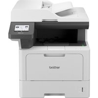 Brother MFC-L5710DN laser printer, gray and black, with touchscreen, paper tray, and automatic document feeder.