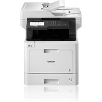 White Brother MFC-L8900CDW multifunction printer with touchscreen, paper tray, and Wi-Fi connectivity.