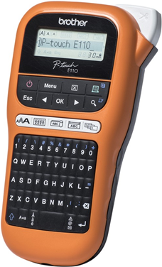 Brother P-E110VP handheld label maker in orange and black, featuring a QWERTY keyboard, LCD display, and various function buttons for easy label creation.