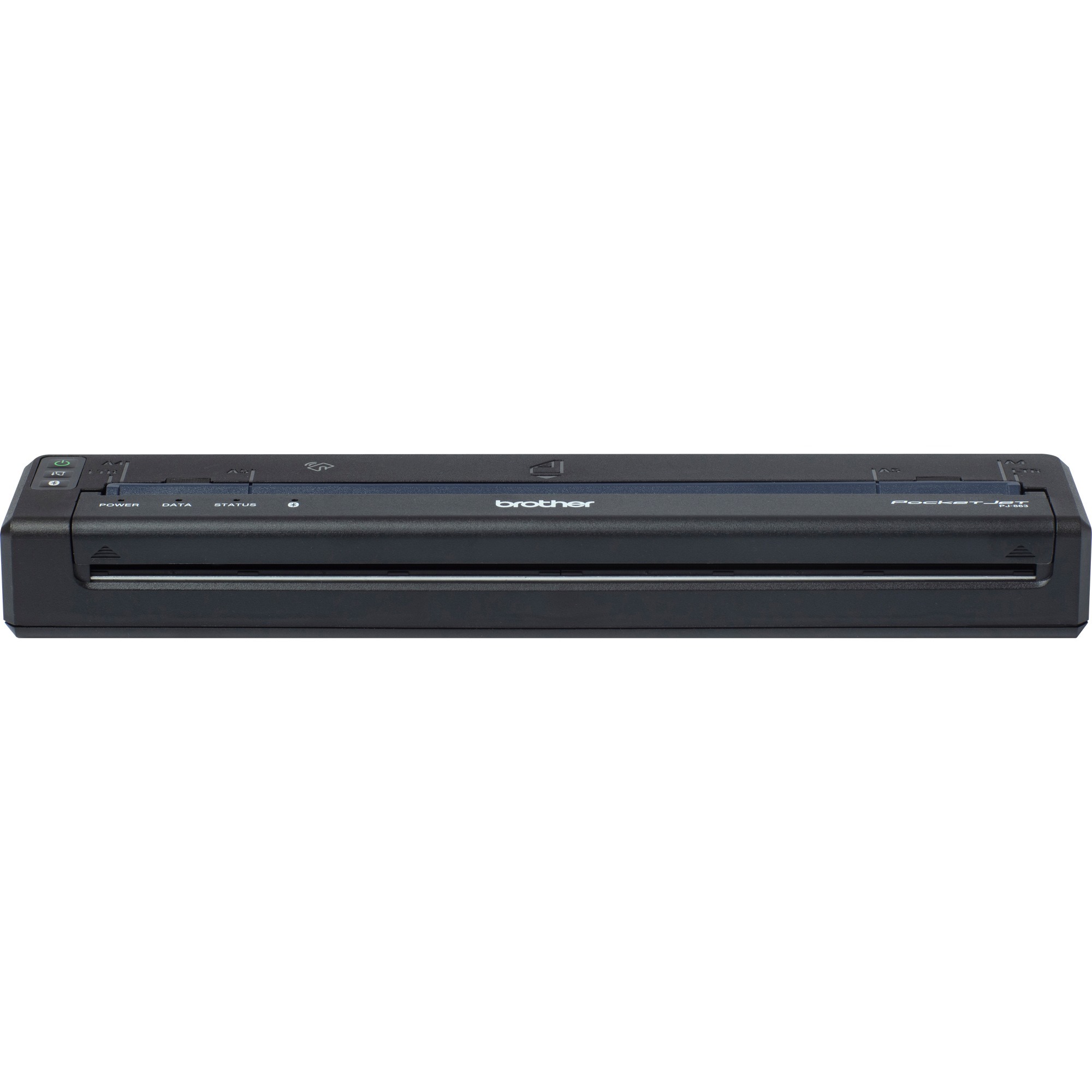 Compact black thermal printer with a sleek design, featuring a paper output slot, control buttons, and connectivity options for wired and wireless printing.