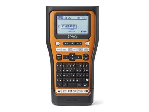 Brother PT-E560BTSP label printer in black and orange, featuring a keypad, LCD screen, and thermal transfer technology for high-quality labels.
