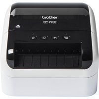 Brother QL-1100c label printer, black and white, with control buttons and paper feed slot on the front.