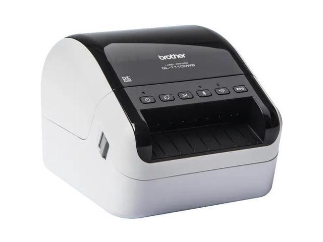 Compact black and white label printer with a glossy top, featuring a control panel with buttons and a wide slot for labels, designed for labels up to 103.6 mm in width.