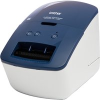 Blue and white Brother QL-600B label printer with top buttons and front label slot.