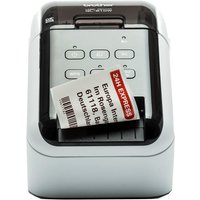 White Brother QL-810WC label printer with black top, six buttons, and printed label emerging from the front slot.