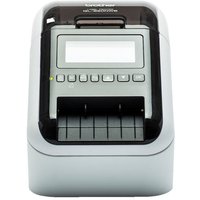 Brother QL-820NWBC label printer, white and black, LCD screen, multiple buttons, wired and wireless connectivity.