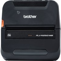 Brother RJ-4250WB label printer, black with white logo, orange button, compact design, wired connectivity.