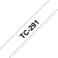 Brother TC-291 DirectLabel tape, black text on white, 9mm width, diagonal view, compatible with P-Touch label makers.