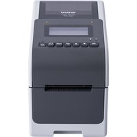Black and gray Brother TD-2350D300 label printer with LCD screen and control buttons, compact design.