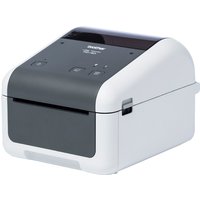 White and black Brother TD-4410D label printer with sleek design and front-loading paper slot.