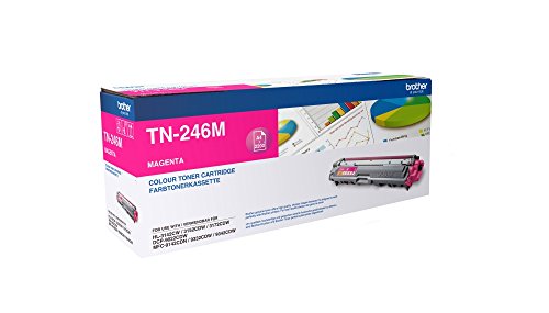 Magenta toner cartridge box for Brother TN-246M, featuring bright pink accents and detailed product information, designed for printing up to 2.2K pages.