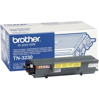 Brother TN-3230 black toner cartridge, rectangular shape, with Brother branding and yellow label, in front of box.