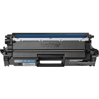 Brother TN-821XXLC original cyan toner cartridge, black casing with blue accents, rectangular shape.