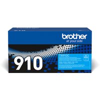 Brother TN-910C toner cartridge box, blue and black design, cyan label, Brother logo on top right.