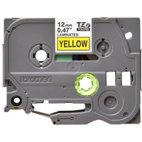Gray Brother TZE-631 label tape cassette, black text on yellow, 12mm width, with visible spools and label window.