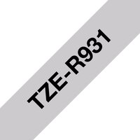 Brother TZE-R931 label tape, black text on silver textile, 12mm width, 4m length, angled view.