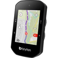 Black Bryton Rider S500E GPS cycle computer with color touchscreen displaying a map and side control buttons.