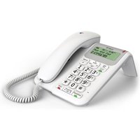 White BT Decor 2200 corded phone with large buttons, LCD screen, and coiled handset cord.