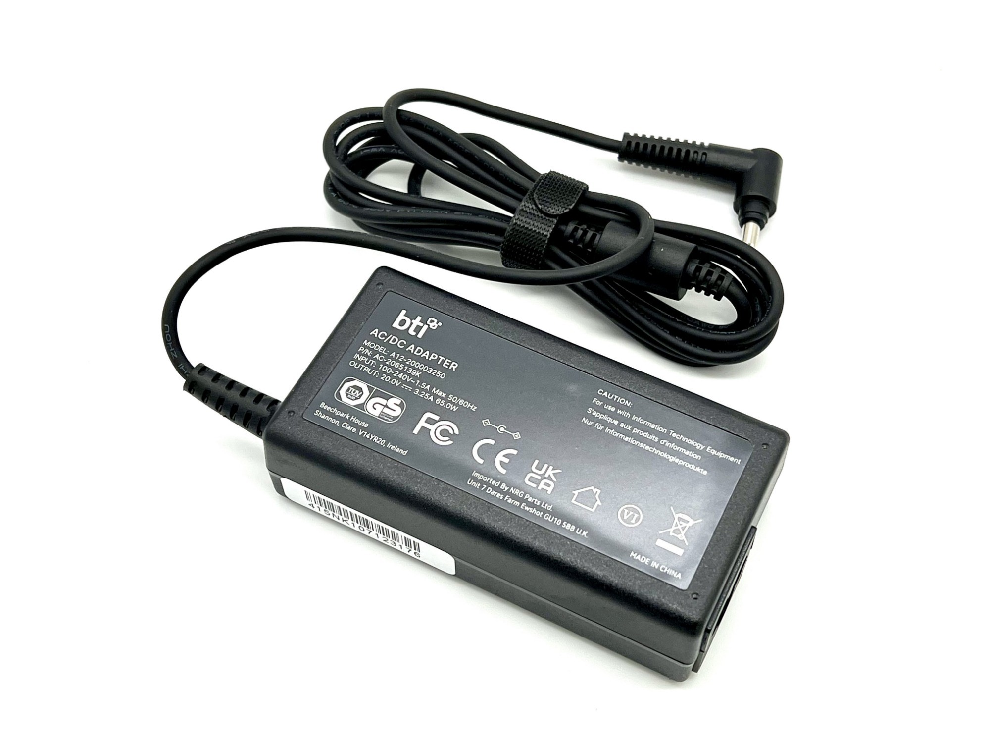 Black BTI 01FR119 compatible charger with a Lenovo 4.0mm x 1.7mm tip, featuring a textured surface, attached cable, and UK plug compatibility.