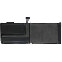 Black rectangular 6-cell battery for MacBook Pro, featuring connector cable and compartmentalized design.