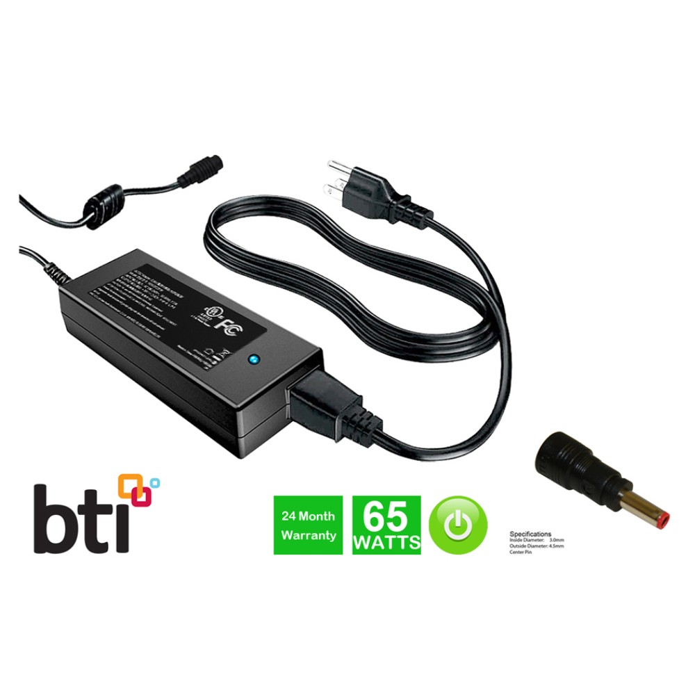 Black BTI 043NY4 replacement charger for Dell, 19.5V 3.34A 65W, featuring a 4.5mm x 3.0mm connector, with a power cord and a warranty label.
