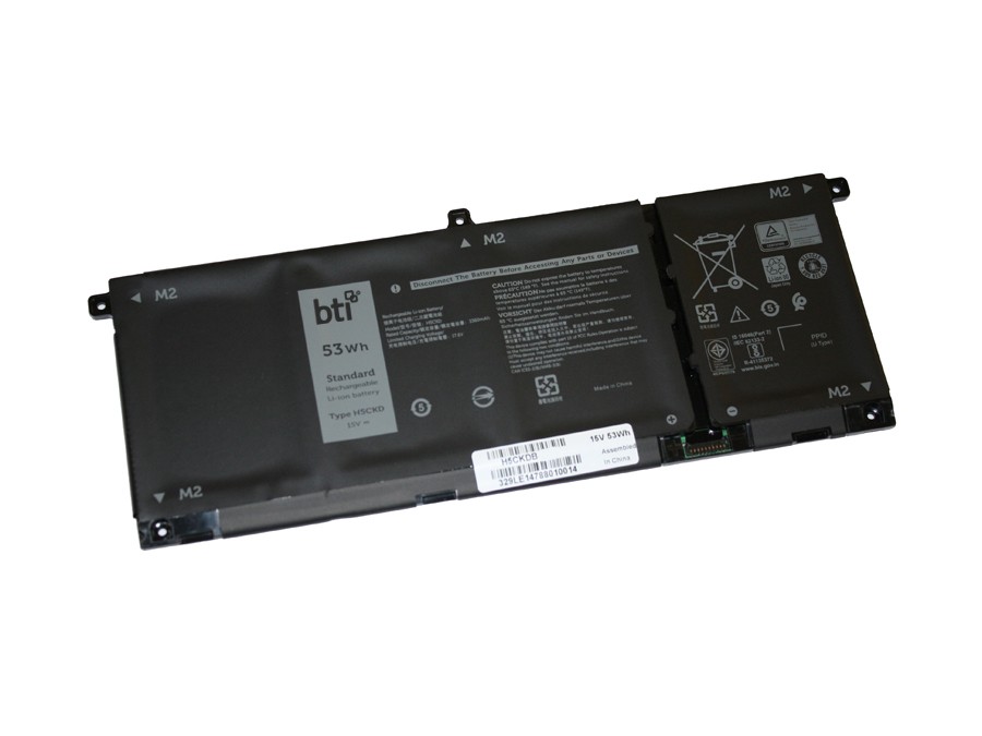 Black 53Wh 4-cell battery by BTI, featuring labels and specifications, designed for compatibility with INSPIRON 5401, 501, and 5502 models, with a sleek, rectangular shape.