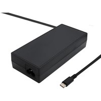 Black BTI 100W USB-C charger with rectangular body and UK power cable attached.