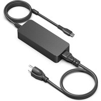 Black BTI 100W USB-C AC adapter with textured surface, detachable cables, and 8 output voltages for USB-C devices.