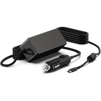 Black BTI 100W USB-C car charger with textured surface, coiled cable, and USB-C connector.