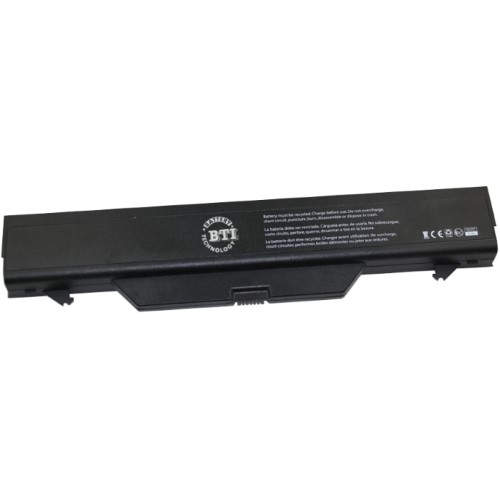 Black battery designed for HP Probook 4720S, featuring labels and logos, with a slim rectangular shape and connector at one end for easy installation.