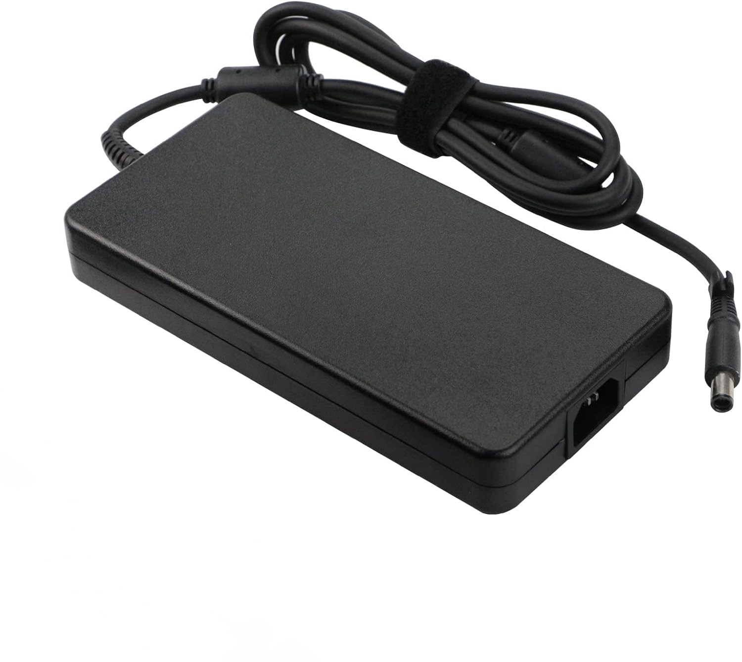 Black rectangular charger with a textured surface, featuring a power connector and a long cable, designed for Alienware laptops.