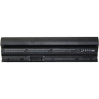 Black BTI 6-cell battery for Dell Latitude, cylindrical top, flat base, with label text and connector pins.
