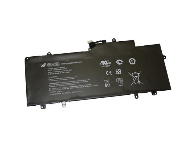 Black rechargeable battery labeled BTI BO03XL, featuring three cells and specifications printed on the surface, designed for HP-Compaq Chromebook 1.