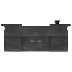Black, rectangular 4-cell battery for Apple MacBook Air, featuring a smooth plastic surface with multiple grooves and cutouts for connectors.
